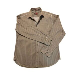 Equilibrio EQ Rooster Men Long Sleeve Striped Button Down Shirt Brown Tan Large
